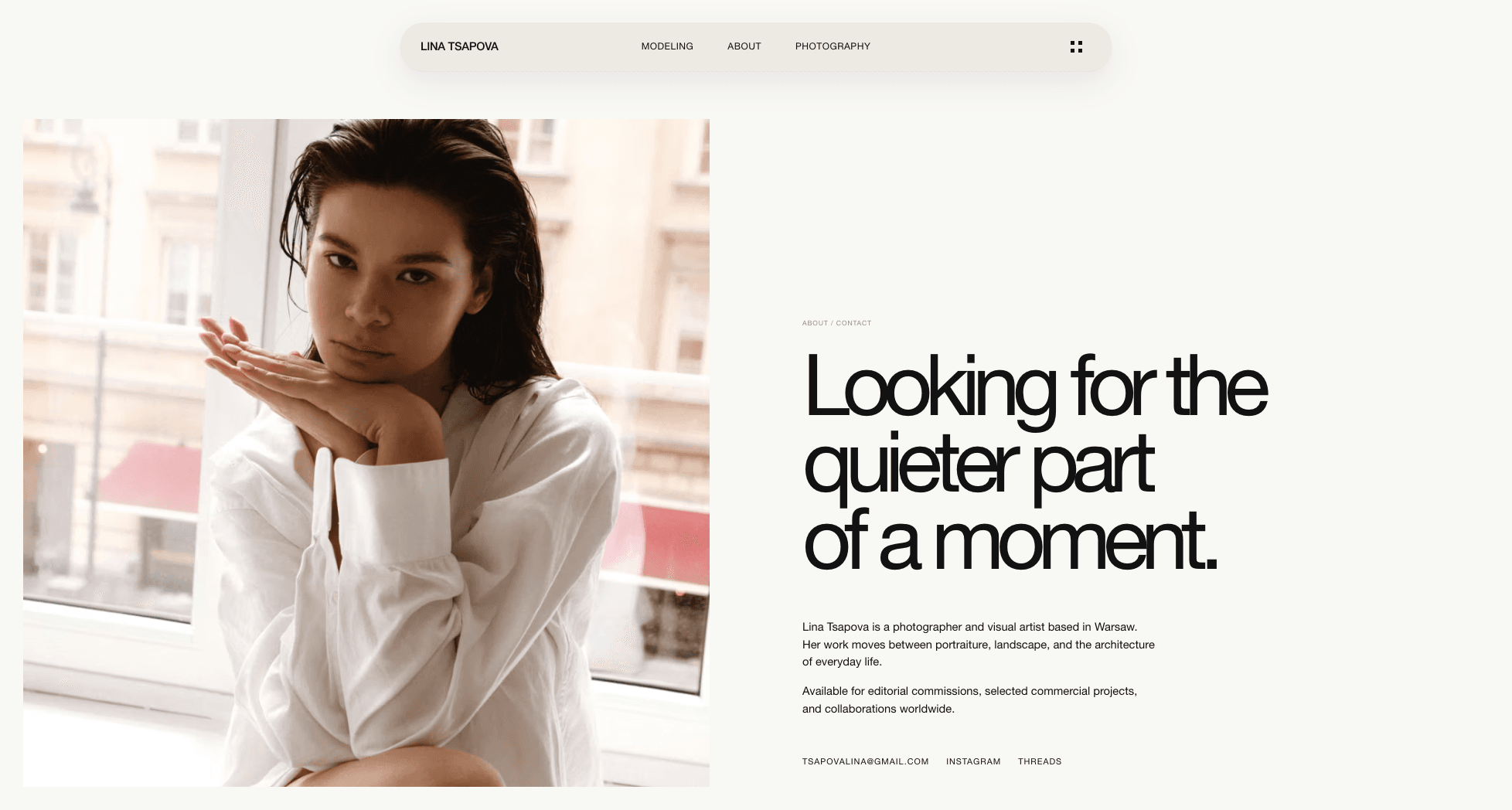 Lina Tsapova about and contact page