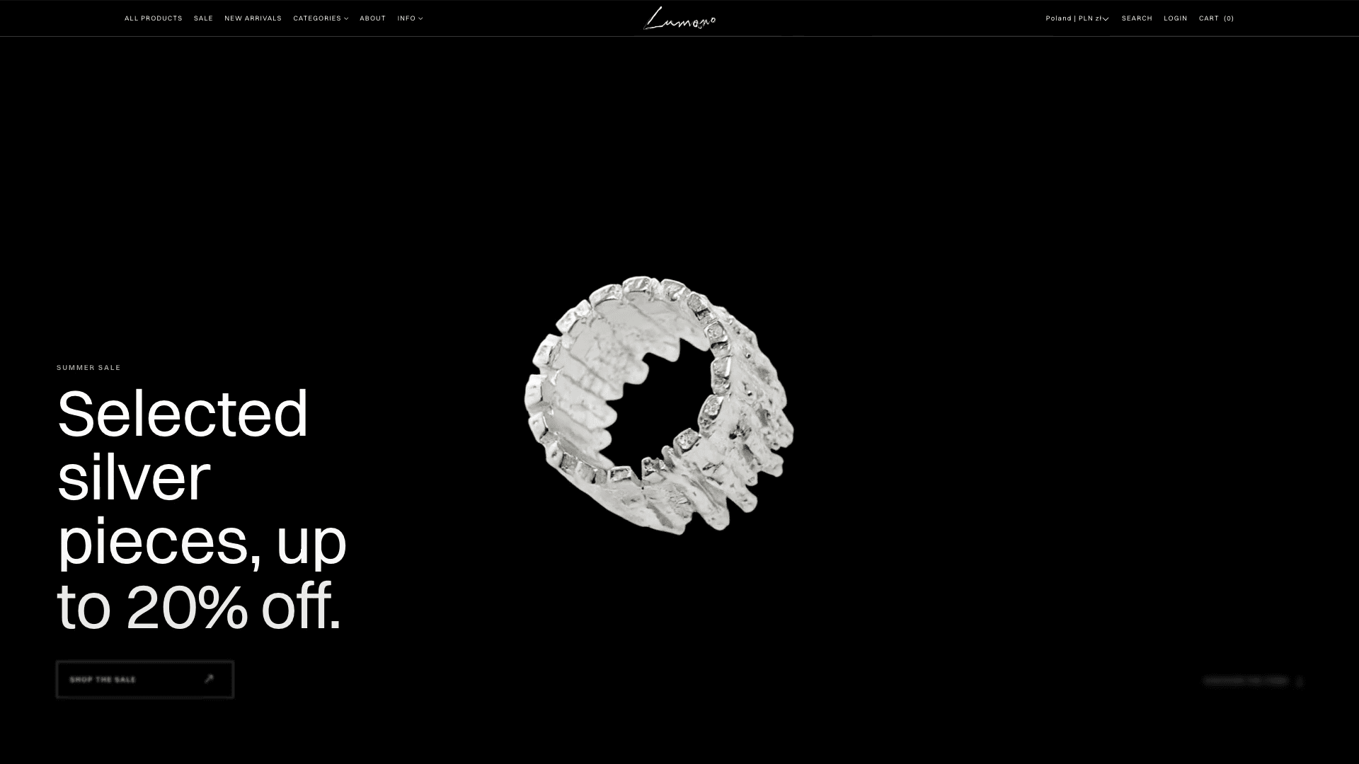 Lumano live landing with animated typography and jewelry poster frame